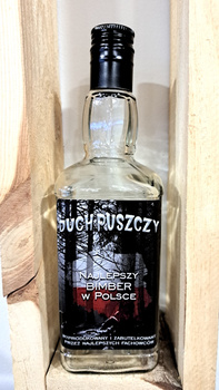 Butelka szklana 0,5l Najlepszy Bimber w Polsce DuchPuszczy Idealna buteleczka na Whisky Brandy Bimber 500 ml szklana Kwadratowa butelka z zakrętką i etykietą