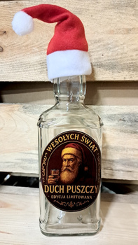 Butelka Świąteczna Mikołaj z Duchem Puszczy na Zdrowie Wesołych Świąt na alkohol 500ml z czapką Mikołaja w zestawie szklana kwadratowa butelka 0,5L z zakrętką etykieta DuchPuszczy