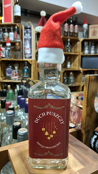 Butelka Świąteczna do Whisky Brandy na Bimber Wódkę 500ml Czapka Mikołaja w zestawie szklana butelka 0,5L z zakrętką etykieta Wesołych Świąt Duch Puszczy