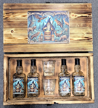 Skrzynka drewniana DuchPuszczy Panoramix Label HandMade 4x Butelki 2x szklanki z grawerem Zestaw prezentowy na alkohol dla konesera DuchPuszczy
