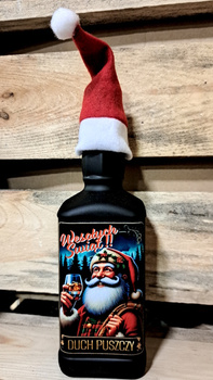 Ekskluzywna Czarna butelka Świąteczna Duch Puszczy Wesołych Świąt z Mikołaj Zestaw na alkohol 500ml butelka szklana z czapką Mikołaja w zestawie 0,5L z zakrętka etykieta DuchPuszczy