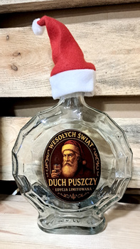 Butelka świąteczna Mikołaj z kieliszkiem Medalion 0,5L Duch Puszczy z czapeczką mikołajową szklana butelka 500ml na BIMBER Święta Ekskluzywna edycja szkło na nalewkę bimber wódkę whisky