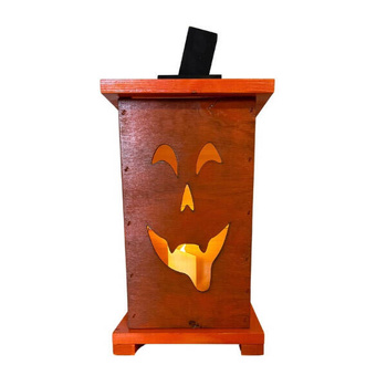 Lampion drewniany na Halloween z lampką led Duży stojak lampion do ogrodu na taras HandMade