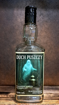 Butelka szklana 0,5l Duszek Produkowany pod osłoną nocy DuchPuszczy Idealna buteleczka na Whisky Brandy Bimber 500 ml szklana Kwadratowa butelka z zakrętką i etykietą