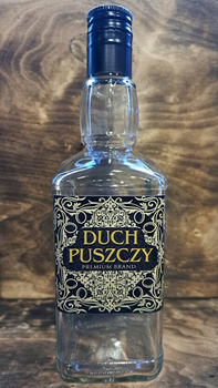 Butelka szklana 0,5l Duch Puszczy Bimber Gold Edition Whisky Brandy Bimber 500ml szklana Kwadratowa butelka z zakrętką etykieta