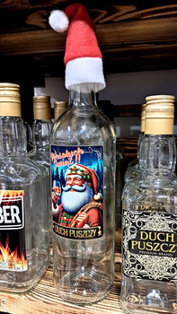 Butelka 0,75L z etykietą świąteczną Mikołaj Duch Puszczy Bimber Edycja Świąteczna Czapka Mikołaja Butelka idealna na Święta na Bimberek Nalewkę 750ml