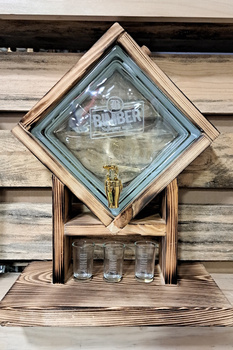 Luksfer Panoramixa Butelka 1,70L Stojak drewniany z luksferem na alkohol nalewka whisky HandMade Kran kieliszki z grawerem