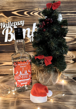 Butelka Świąteczna do Whisky Brandy na Bimber Wódkę 500ml Czapka Mikołaja w zestawie szklana butelka 0,5L z zakrętką etykieta Wesołych Świąt Duch Puszczy