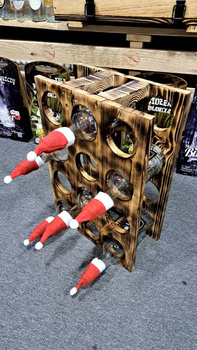 Stojak na butelki drewniany Hand Made Ekskluzywny regał na wino nalewki + 6x butelek 0,75L idealnych na święta