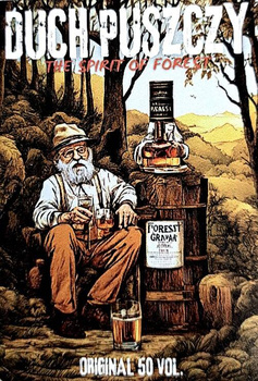 Etykietka Bimbrownik DuchPuszczy zrobiony w ukryciu Duch Puszczy duża naklejka 96x66mm na butelkę Bimber Etykieta na butelkę 10x sztuk pakiet