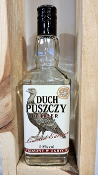 Butelka szklana 0,5l Real Polish Bimber DuchPuszczy Idealna buteleczka na Whisky Brandy Bimber 500 ml szklana Kwadratowa butelka z zakrętką i etykietą