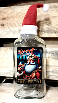 Butelka Świąteczna Piersiówka 500ml Duch Puszczy z czapką Mikołaja idealna na nalewkę whisky bimber wódkę 500ml szklana smukła butelka 0,5L zakrętka Wesołych Świąt