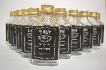 Zestaw 20x Butelki Butelka 100ml Piersiówka z etykietką Bimber na wesele dla gości na nalewki