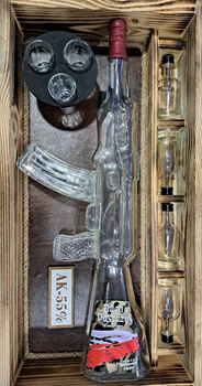 Skrzynia Podlaska Artyleria Butelka Karabin AK kałasznikow Zestaw drewniana skrzynka prezentowa HandMade na alkohol z butelkami i kieliszkami z grawerem DuchPuszczy