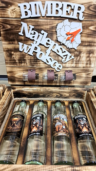 Skrzynka drewniana NAJLEPSZY Bimber Duch Puszczy HandMade 4x Butelki kieliszki na Bimber zestaw prezentowy dla konesera DuchPuszczy Idealny na prezent