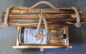 Nosidełko Beczka Torebka drewniana DuchPuszczy z galonem szklanym 1,75L tzw. ucho Zestaw prezentowy na alkohol Drewniana otwierana skrzyneczka beczułka Panoramixa