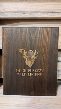 Ekskluzywna otwierana Skrzynka z butelką 0,5L na Prezent Książka na Alkohol Bimber grawer Żubr Puszczy Wild Legend