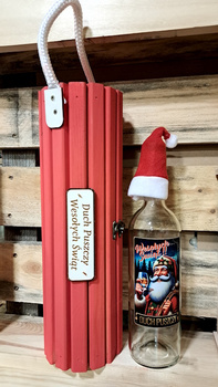 Świąteczna Tuba Panoramixa Nosidełko opakowanie drewniane z butelką szklaną Wesołych Świąt DuchPuszczy 1x butelka 750ml na Alkohol Bimber Wyjatkowy zestaw na prezent pod choinkę Boże Narodzenie Święta